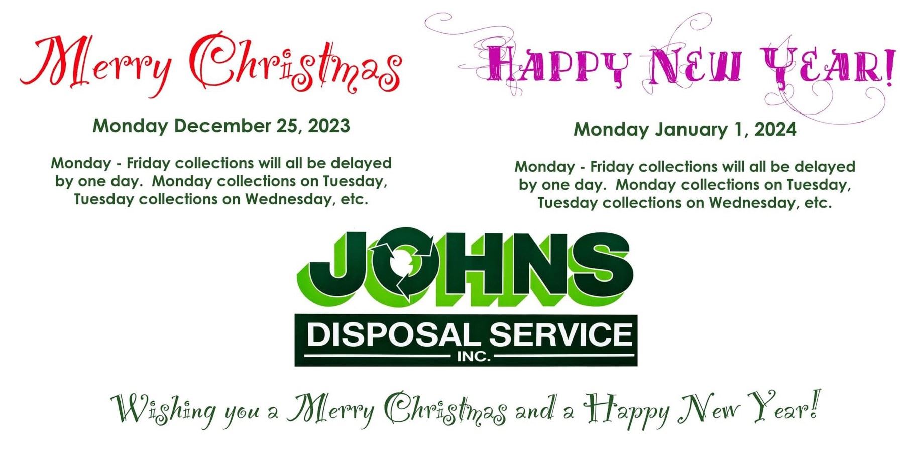 Johns 2023 Holiday schedule