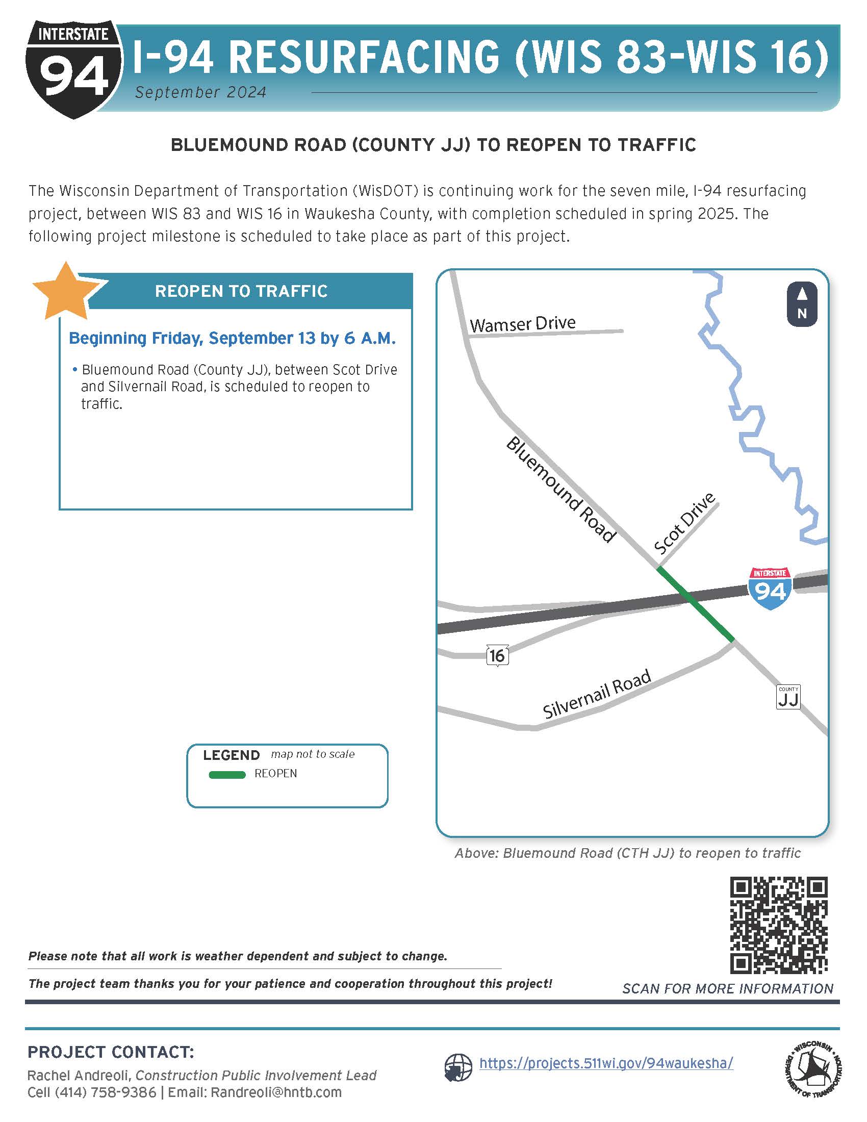 Bluemound Road / County JJ to reopen Friday, September 13th