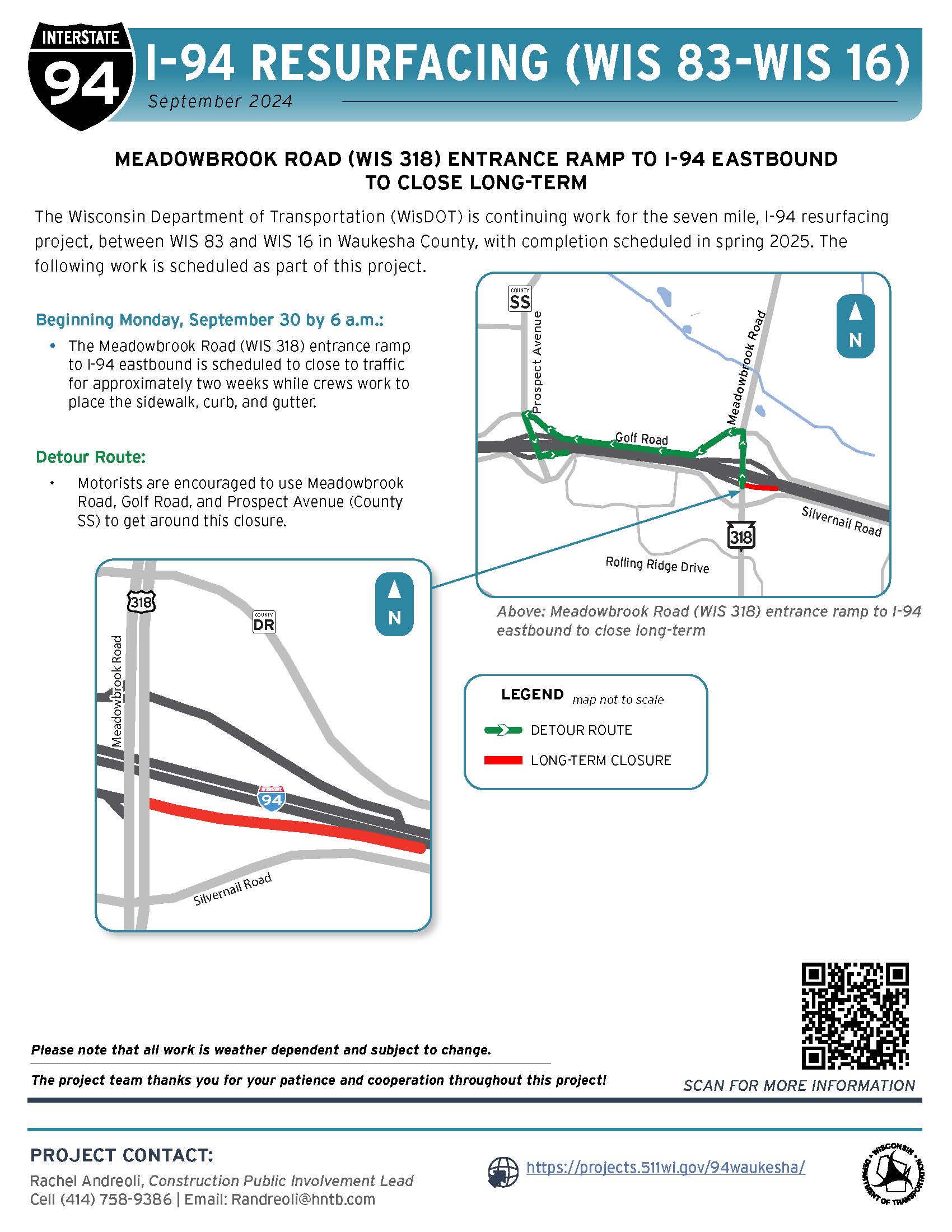 Meadowbrook Ramp Closure to Eastbound 94 starts September 30, 2024 for approximately 2 weeks