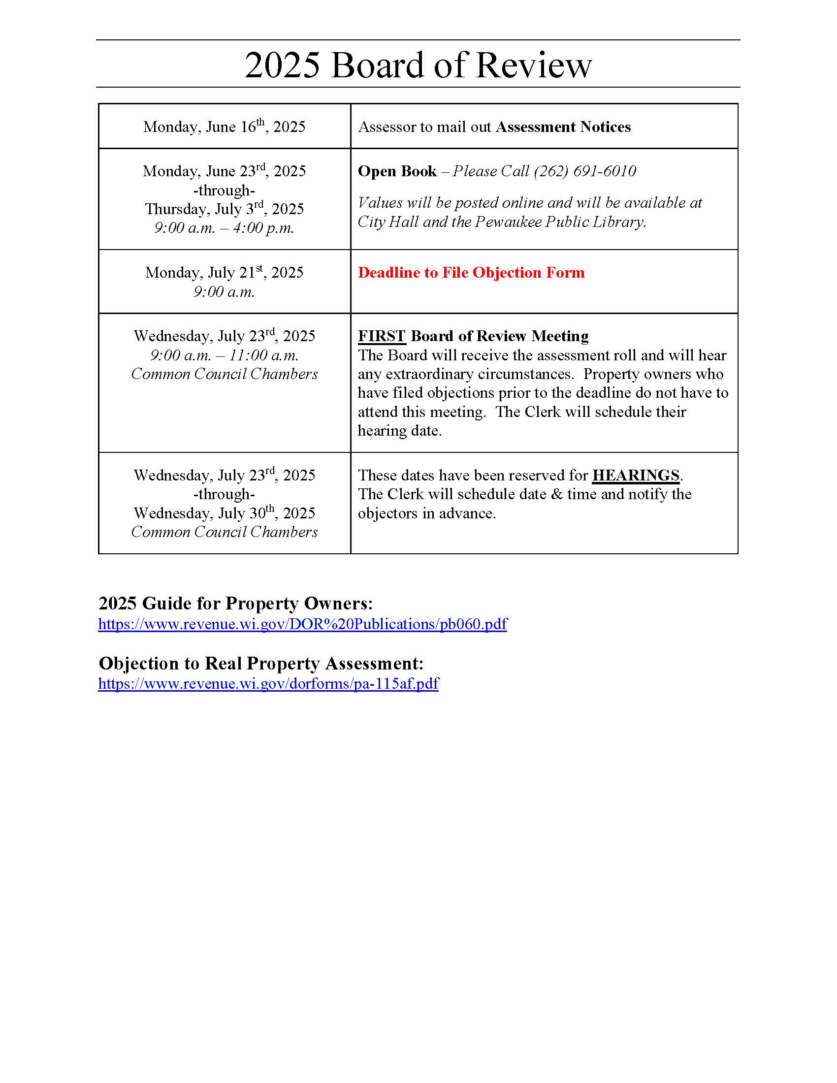 The timeline for the 2025 Board of Review for the City of Pewaukee